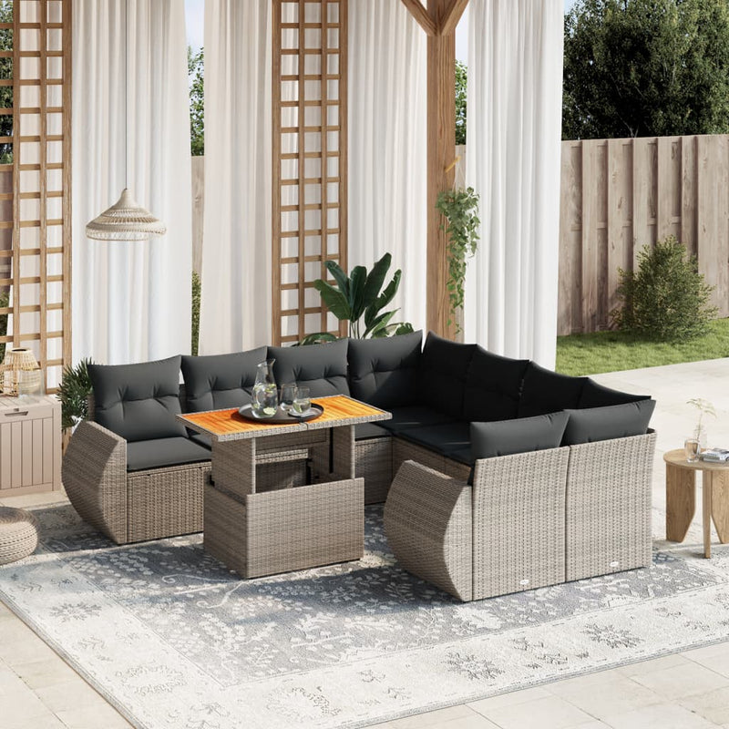 9 Piece Garden Sofa Set with Cushions Grey Poly Rattan