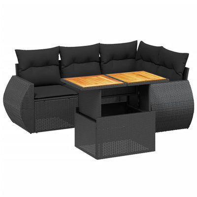 5 Piece Garden Sofa Set with Cushions Black Poly Rattan