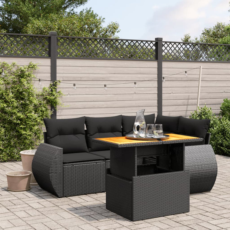 5 Piece Garden Sofa Set with Cushions Black Poly Rattan