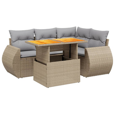 5 Piece Garden Sofa Set with Cushions Beige Poly Rattan