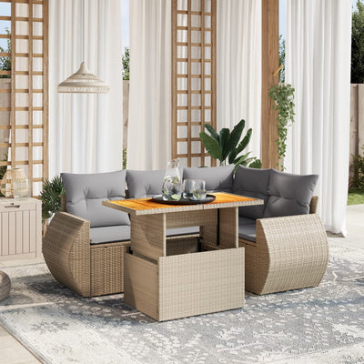 5 Piece Garden Sofa Set with Cushions Beige Poly Rattan