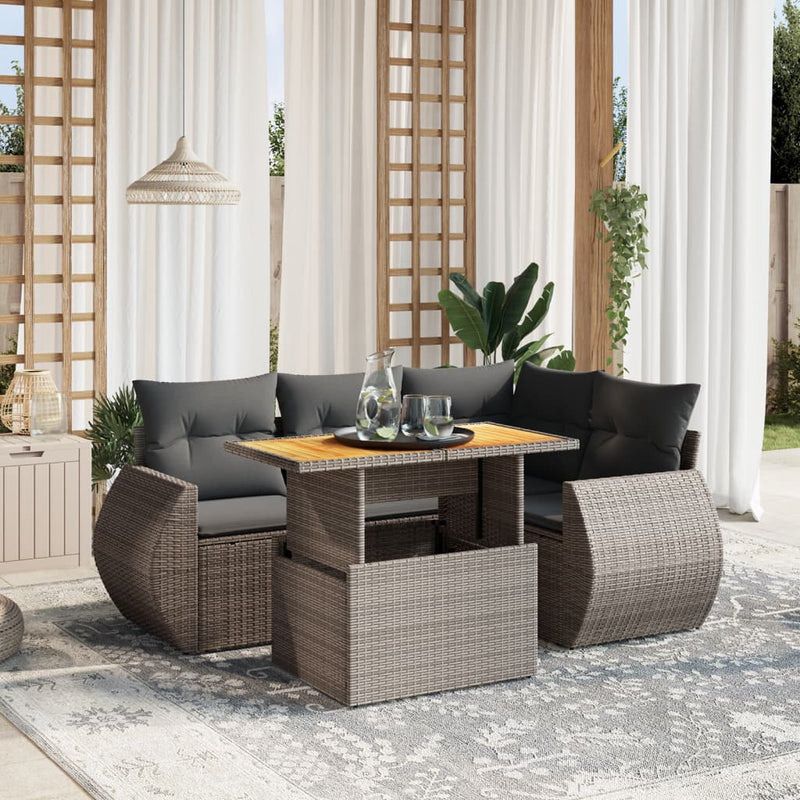 5 Piece Garden Sofa Set with Cushions Grey Poly Rattan