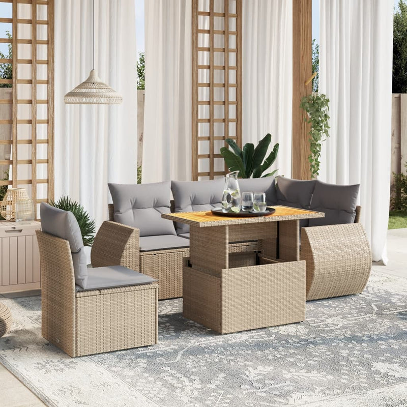 6 Piece Garden Sofa Set with Cushions Beige Poly Rattan