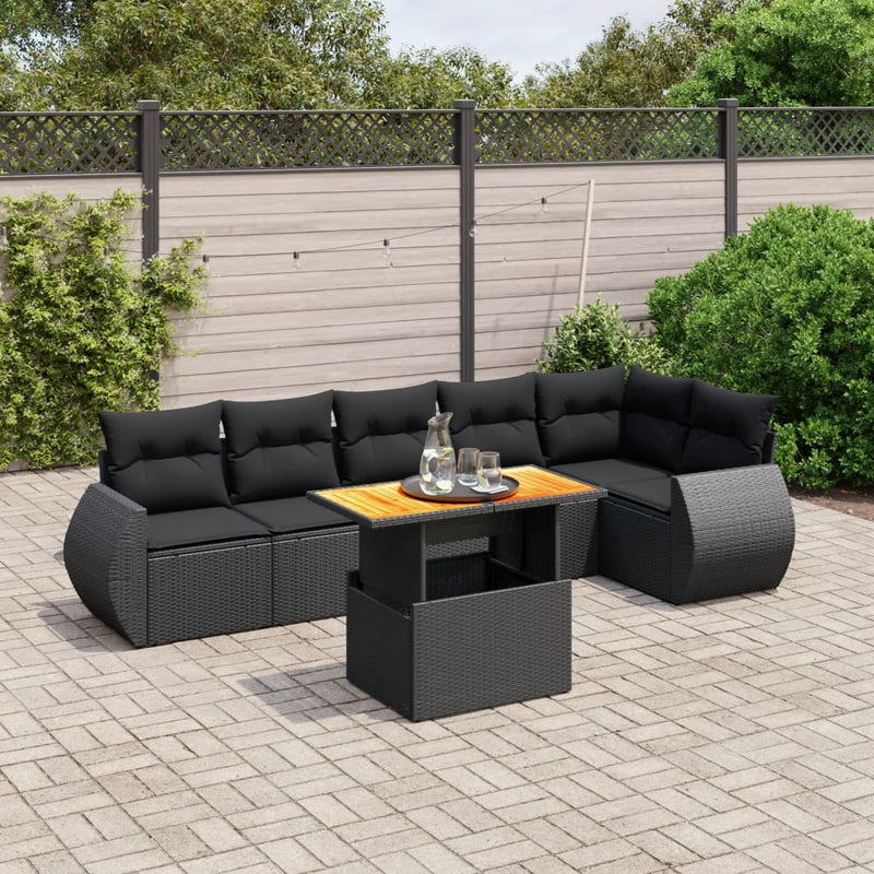 7 Piece Garden Sofa Set with Cushions Black Poly Rattan