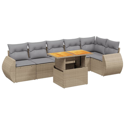 7 Piece Garden Sofa Set with Cushions Beige Poly Rattan