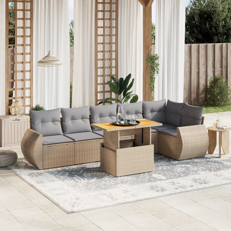 7 Piece Garden Sofa Set with Cushions Beige Poly Rattan