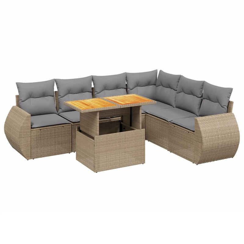 7 Piece Garden Sofa Set with Cushions Beige Poly Rattan