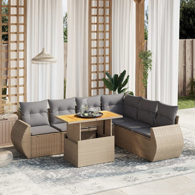 7 Piece Garden Sofa Set with Cushions Beige Poly Rattan