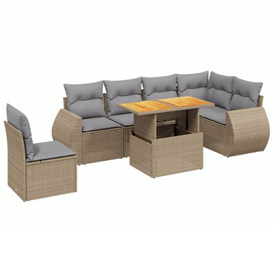 7 Piece Garden Sofa Set with Cushions Beige Poly Rattan