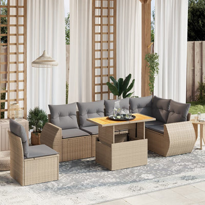 7 Piece Garden Sofa Set with Cushions Beige Poly Rattan