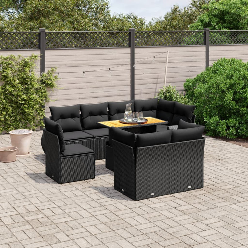 9 Piece Garden Sofa Set with Cushions Black Poly Rattan