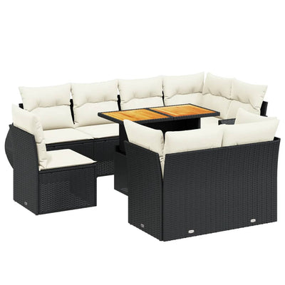 9 Piece Garden Sofa Set with Cushions Black Poly Rattan