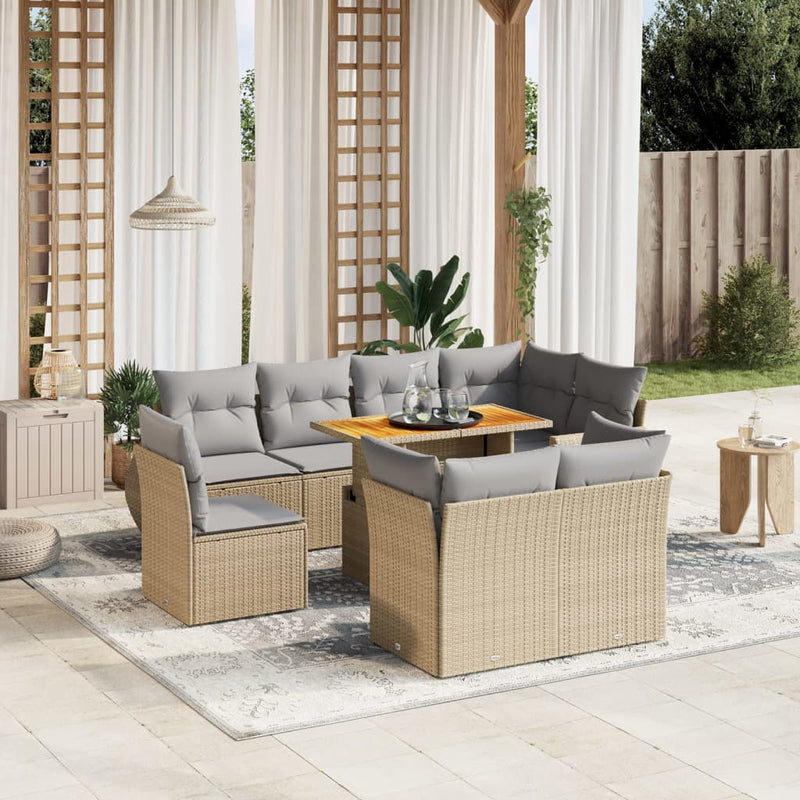 9 Piece Garden Sofa Set with Cushions Beige Poly Rattan