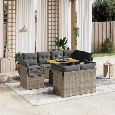 9 Piece Garden Sofa Set with Cushions Grey Poly Rattan