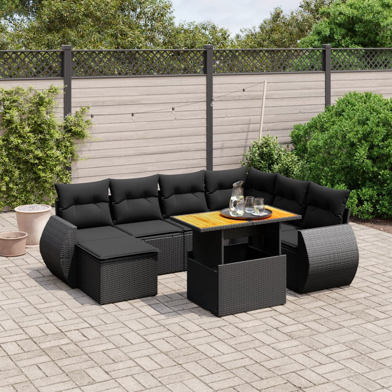 8 Piece Garden Sofa Set with Cushions Black Poly Rattan