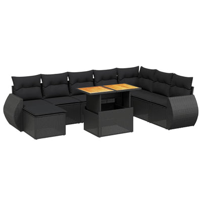 9 Piece Garden Sofa Set with Cushions Black Poly Rattan