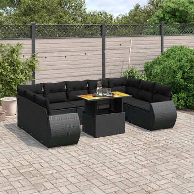 10 Piece Garden Sofa Set with Cushions Black Poly Rattan