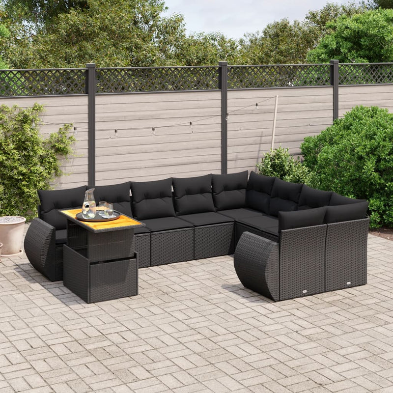 10 Piece Garden Sofa Set with Cushions Black Poly Rattan