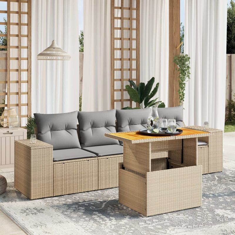 5 Piece Garden Sofa Set with Cushions Beige Poly Rattan