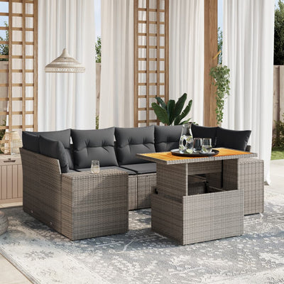 7 Piece Garden Sofa Set with Cushions Grey Poly Rattan