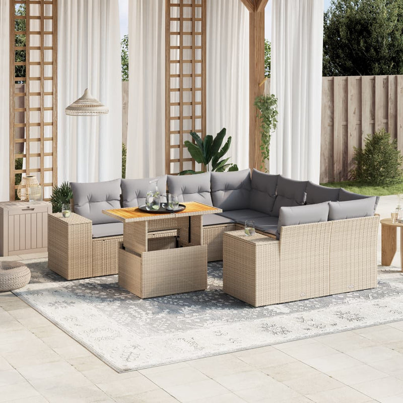 9 Piece Garden Sofa Set with Cushions Beige Poly Rattan