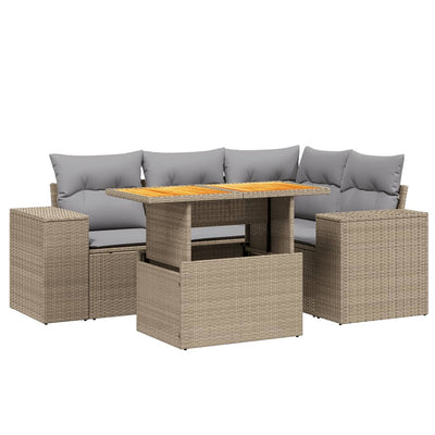 5 Piece Garden Sofa Set with Cushions Beige Poly Rattan