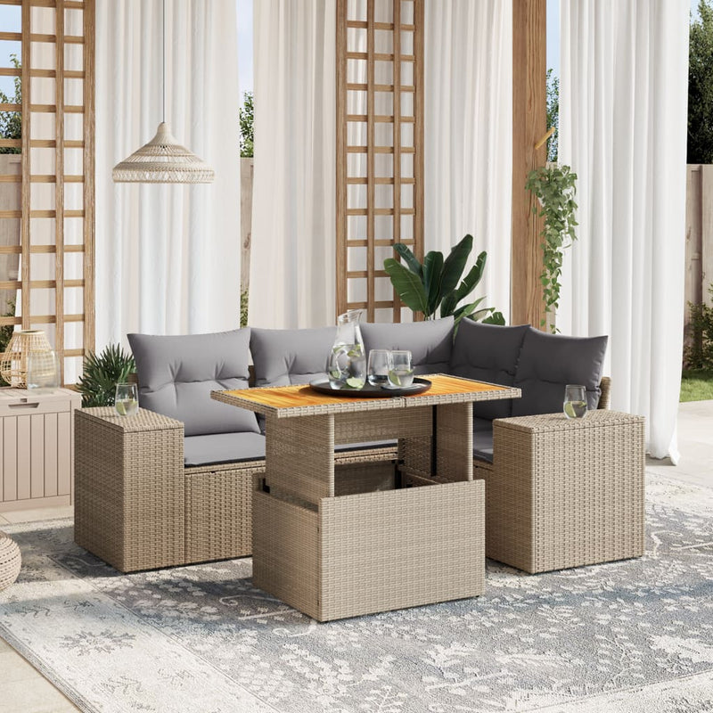 5 Piece Garden Sofa Set with Cushions Beige Poly Rattan