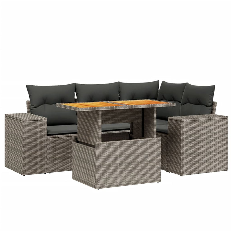 5 Piece Garden Sofa Set with Cushions Grey Poly Rattan