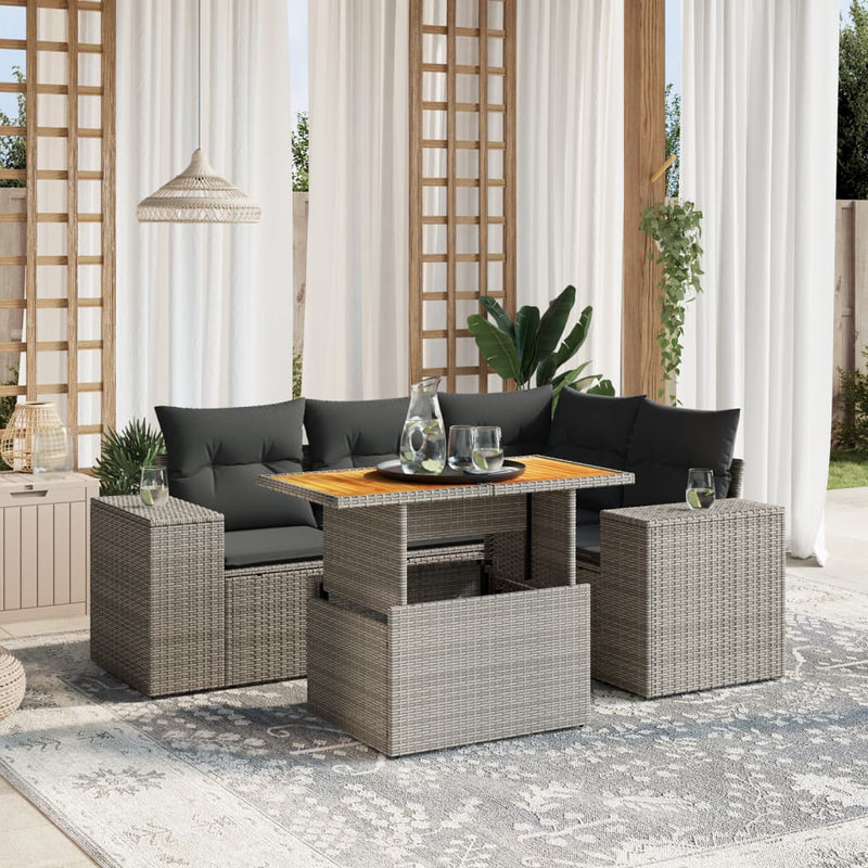 5 Piece Garden Sofa Set with Cushions Grey Poly Rattan