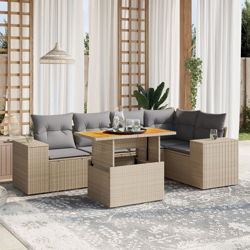 6 Piece Garden Sofa Set with Cushions Beige Poly Rattan