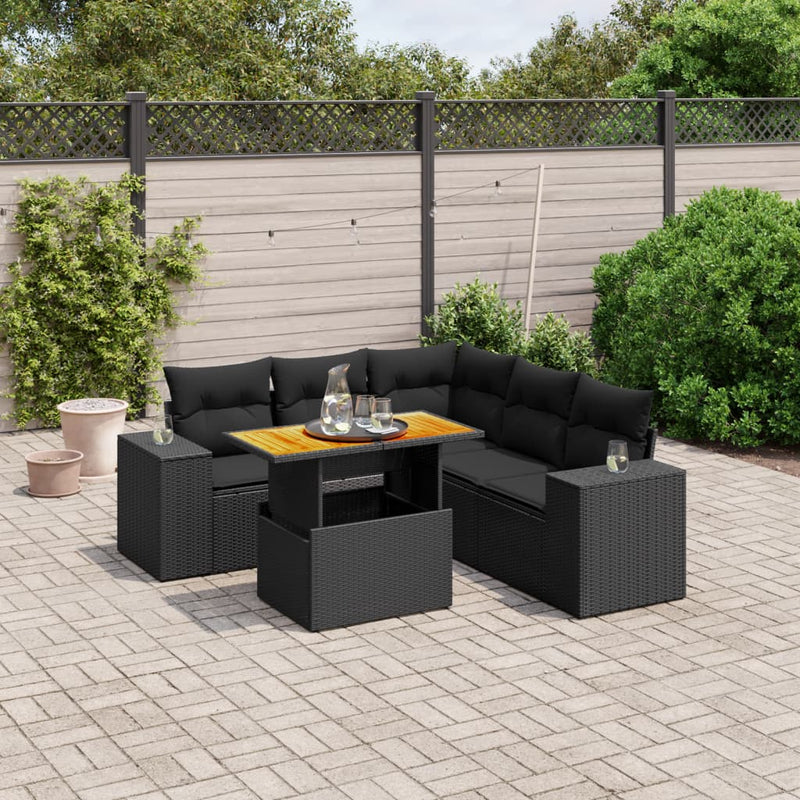 6 Piece Garden Sofa Set with Cushions Black Poly Rattan