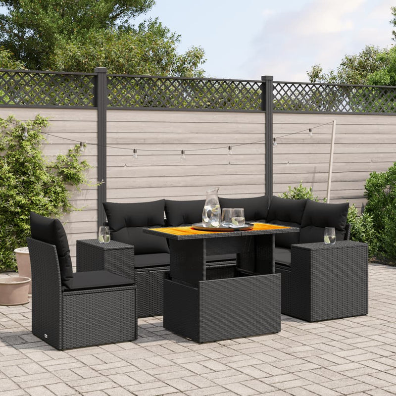 6 Piece Garden Sofa Set with Cushions Black Poly Rattan