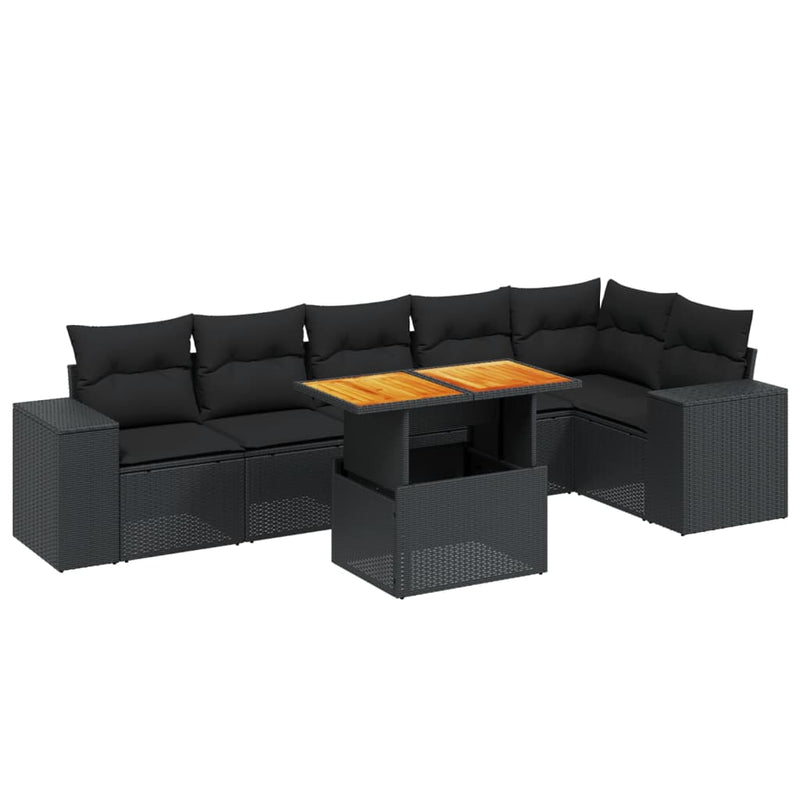 7 Piece Garden Sofa Set with Cushions Black Poly Rattan