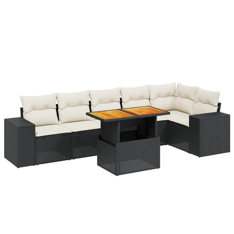 7 Piece Garden Sofa Set with Cushions Black Poly Rattan