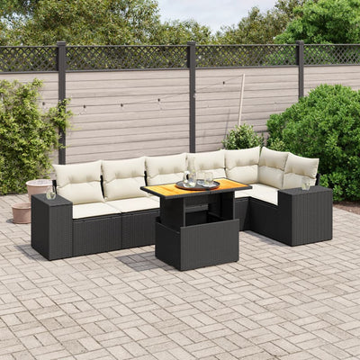 7 Piece Garden Sofa Set with Cushions Black Poly Rattan