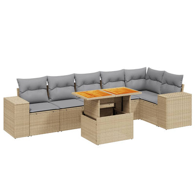 7 Piece Garden Sofa Set with Cushions Beige Poly Rattan