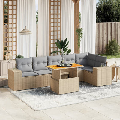 7 Piece Garden Sofa Set with Cushions Beige Poly Rattan