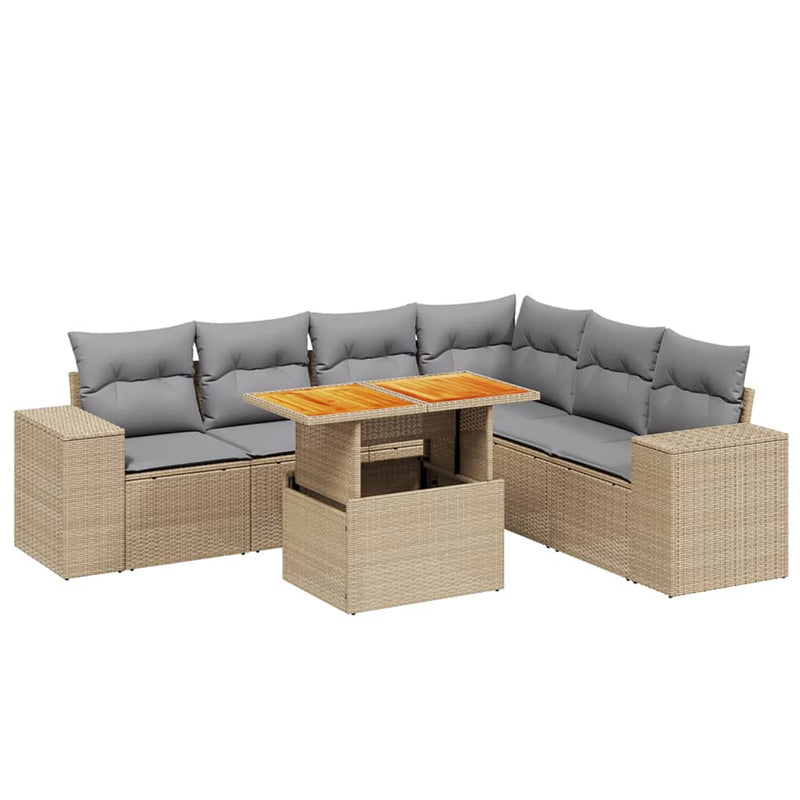 7 Piece Garden Sofa Set with Cushions Beige Poly Rattan