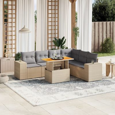 7 Piece Garden Sofa Set with Cushions Beige Poly Rattan