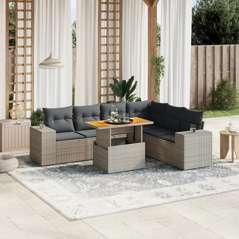 7 Piece Garden Sofa Set with Cushions Grey Poly Rattan