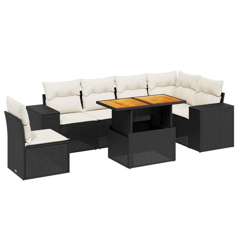 7 Piece Garden Sofa Set with Cushions Black Poly Rattan