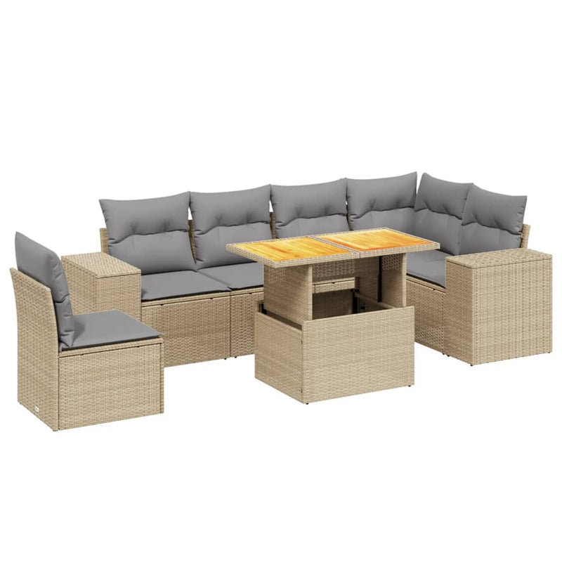 7 Piece Garden Sofa Set with Cushions Beige Poly Rattan