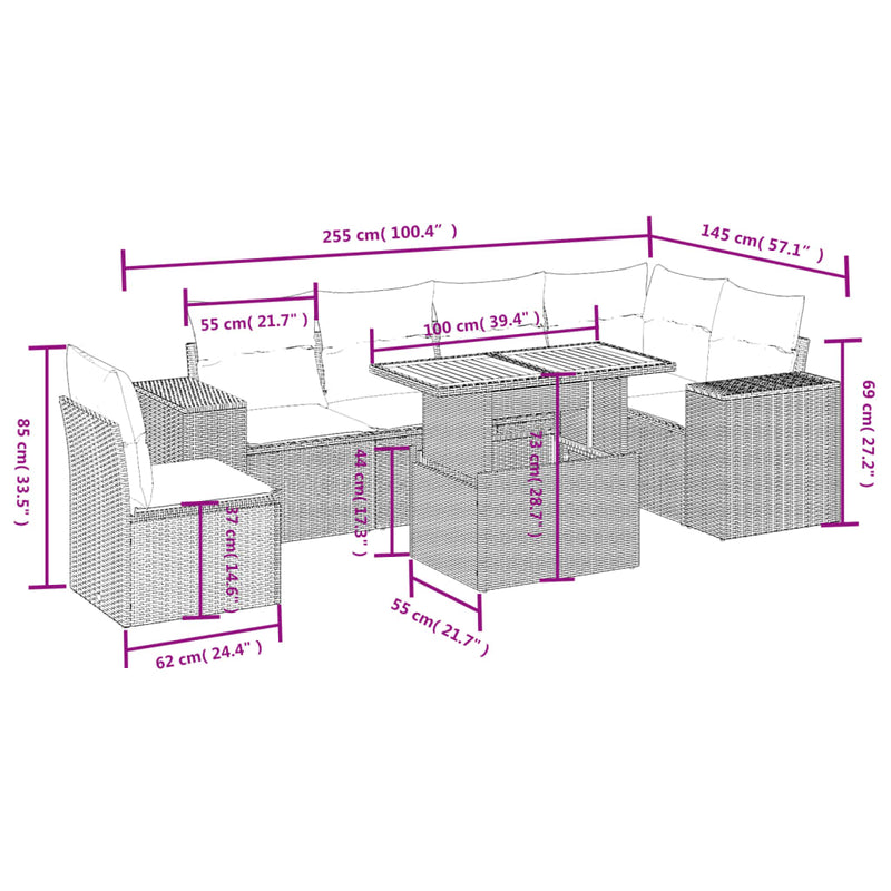 7 Piece Garden Sofa Set with Cushions Beige Poly Rattan