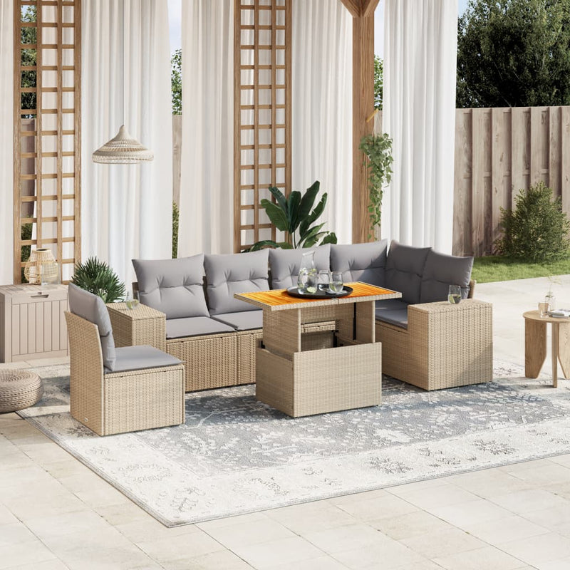 7 Piece Garden Sofa Set with Cushions Beige Poly Rattan