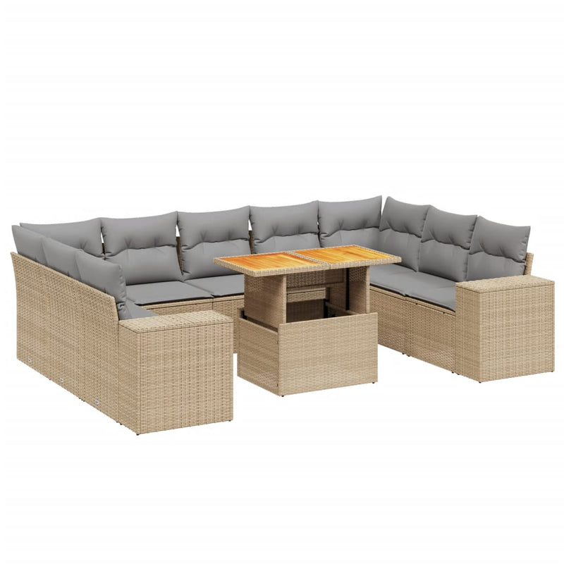 10 Piece Garden Sofa Set with Cushions Beige Poly Rattan