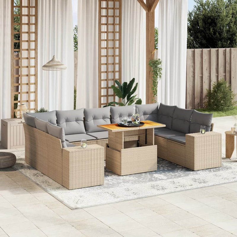 10 Piece Garden Sofa Set with Cushions Beige Poly Rattan