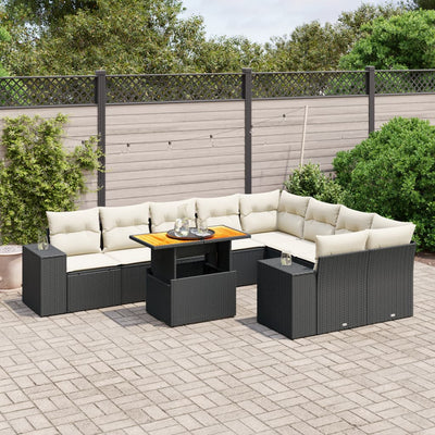 10 Piece Garden Sofa Set with Cushions Black Poly Rattan