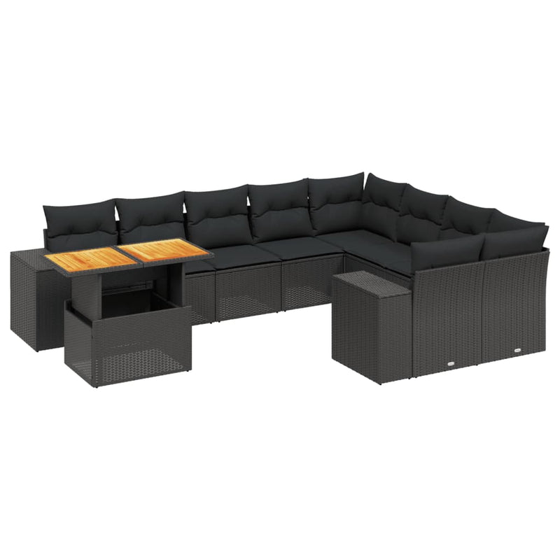 10 Piece Garden Sofa Set with Cushions Black Poly Rattan