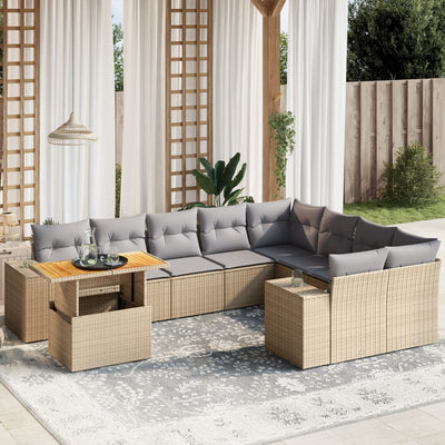 10 Piece Garden Sofa Set with Cushions Beige Poly Rattan