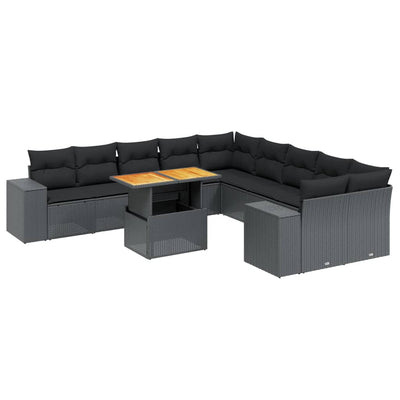 11 Piece Garden Sofa Set with Cushions Black Poly Rattan